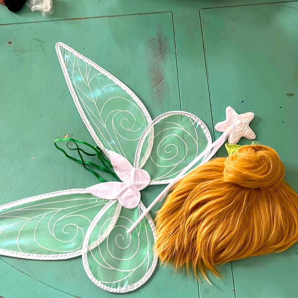 Tinkerbell wings, wand, and wig.